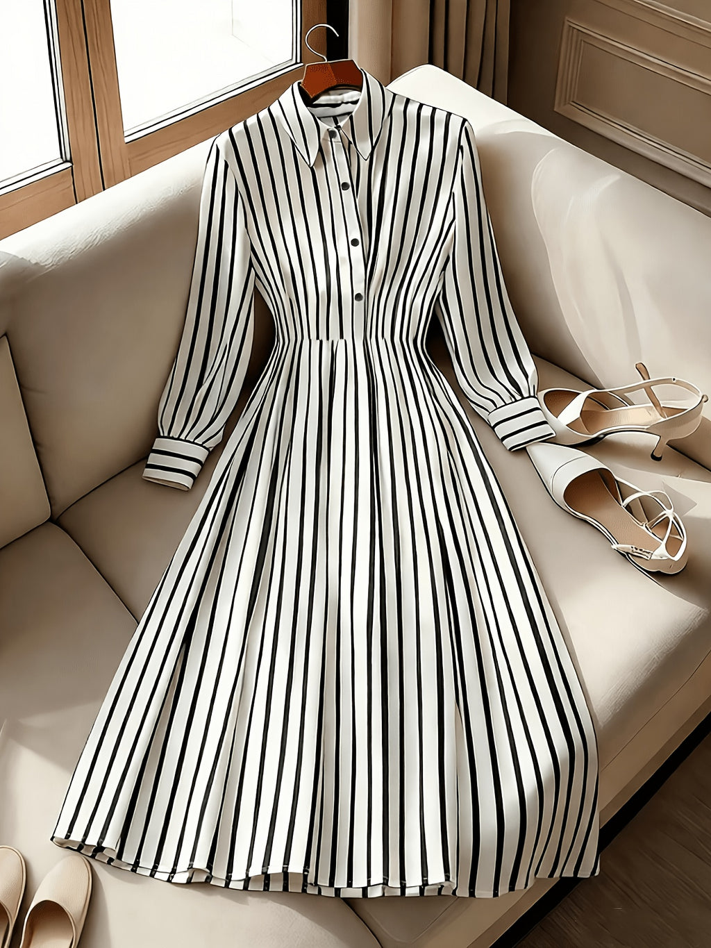 Women's Vertical Striped Shirt Midi Dress with Collar & Waistband - Button-Front A-Line Dress Suitable for Office, Business Casual, Travel | -Compatible for Style | Machine Washable Vertical Stripes for Commuting & Dating - Mixed colors