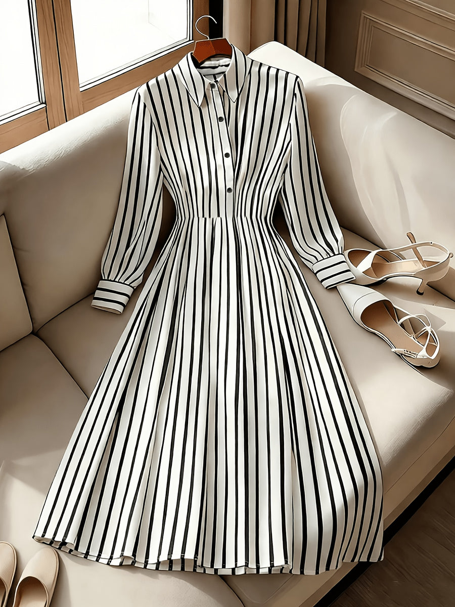 Women's Vertical Striped Shirt Midi Dress with Collar & Waistband - Button-Front A-Line Dress Suitable for Office, Business Casual, Travel | -Compatible for Style | Machine Washable Vertical Stripes for Commuting & Dating - Mixed colors