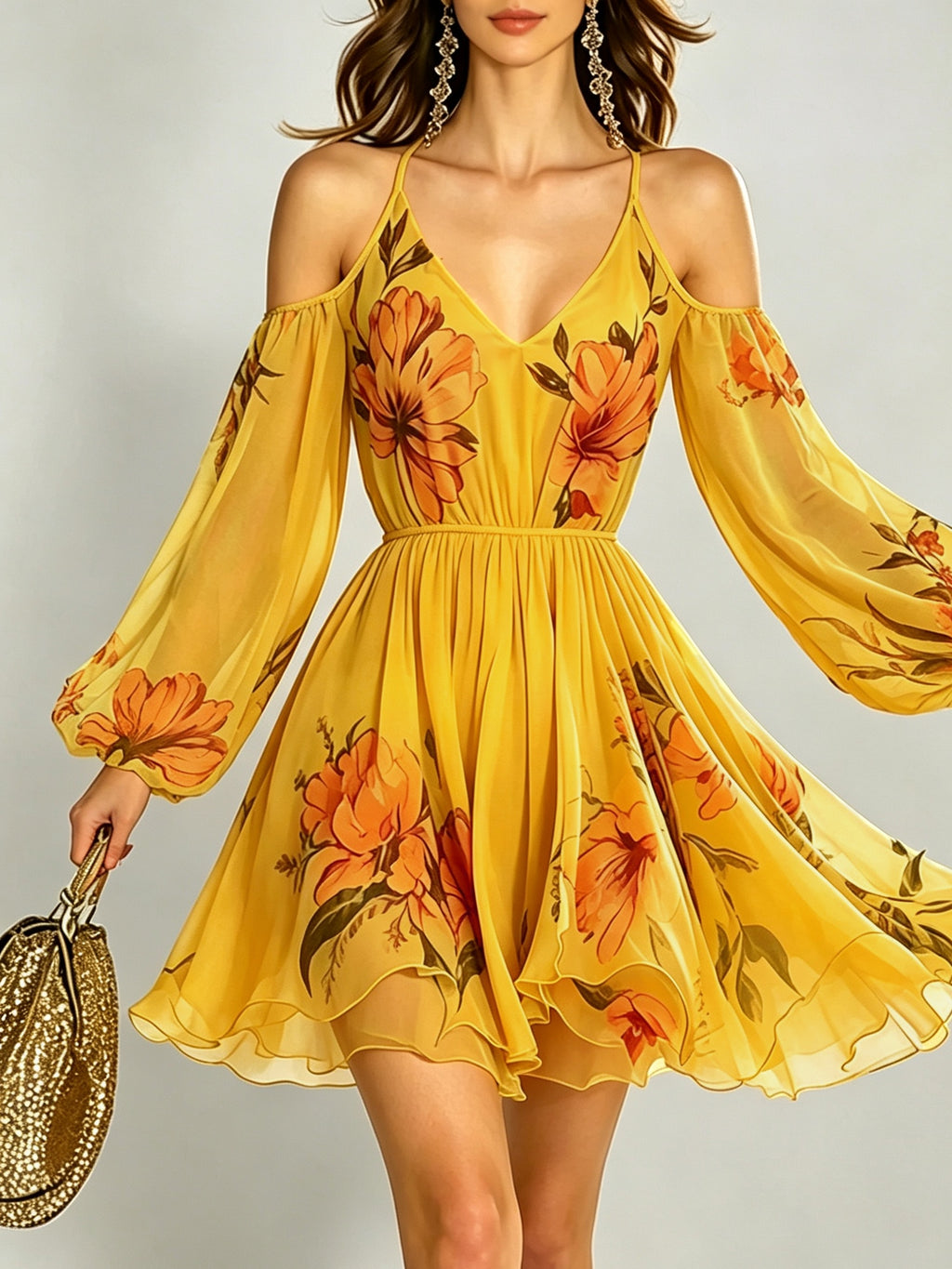 Women's Spring/Summer Casual Elegant Vacation Off-Shoulder V-Neck Printed Flared Sleeve Mini Dress ZLLZ - Yellow