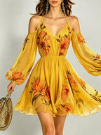 Women's Spring/Summer Casual Elegant Vacation Off-Shoulder V-Neck Printed Flared Sleeve Mini Dress ZLLZ - Yellow