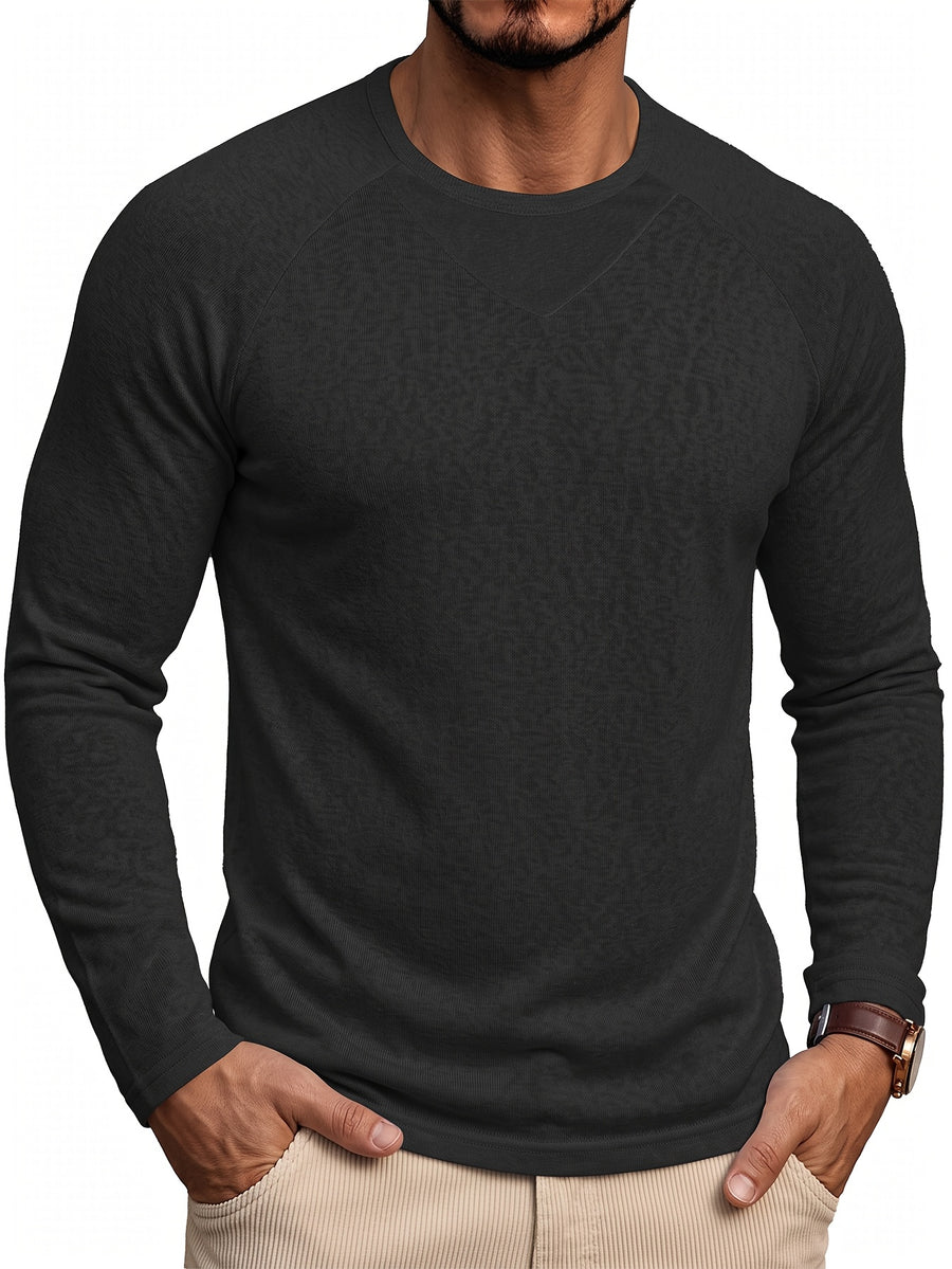 Cross-Border Men's Long-Sleeve Cotton-Linen Crew Neck T-Shirt, European and American Men's Autumn/Winter Pullover Base Layer Top - Black