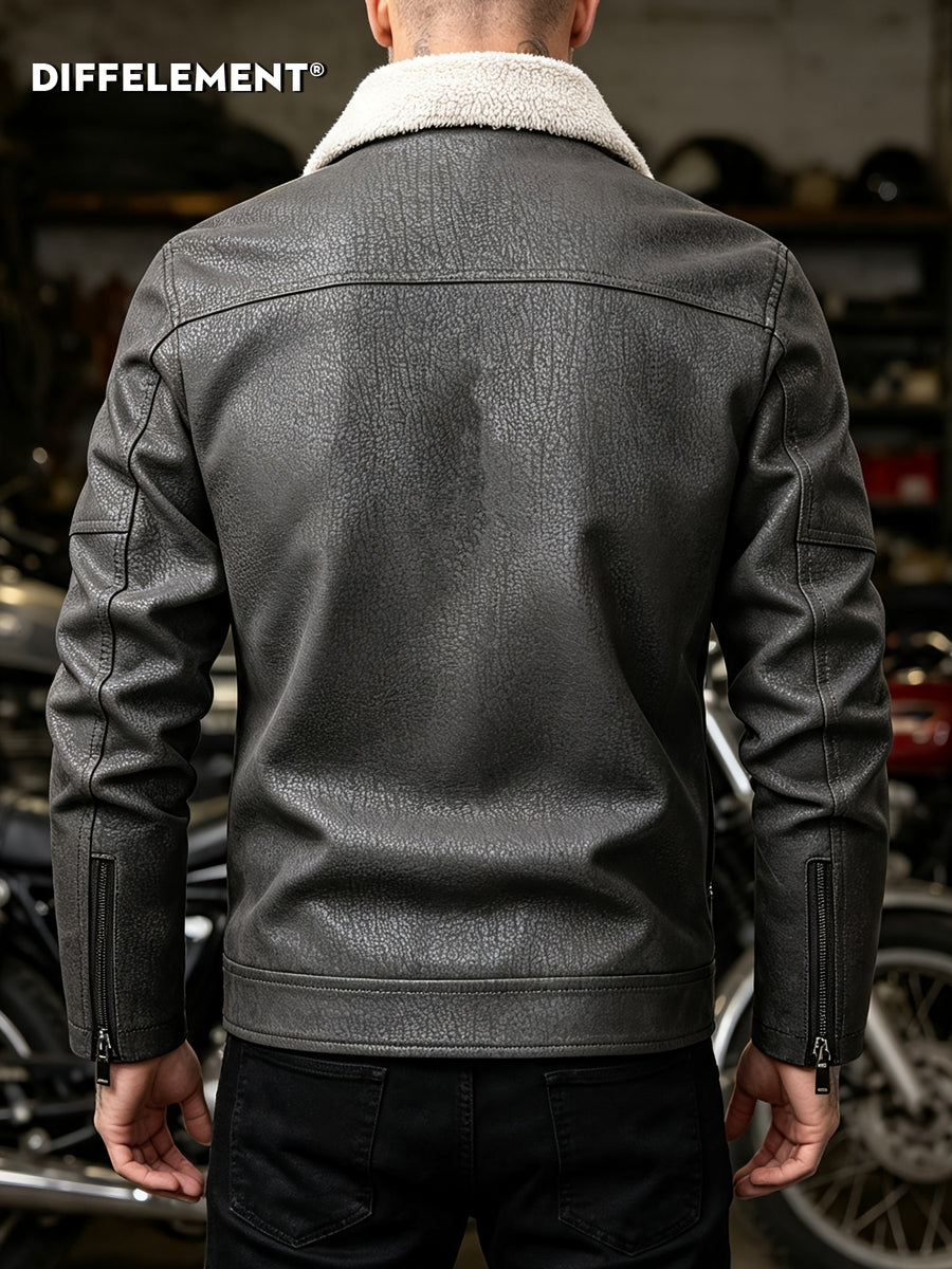 Men's Plush Lapel -Lined PU Motorcycle Jacket with Thickened Warm Lining, Vintage Texture Fabric, Multiple Zipper Pockets, Slim Fit Short Style, Autumn/Winter Riding Commuting American Casual Wear, Wear-Resistant and Windproof Lapel Outerwear Winter - Dark Gray
