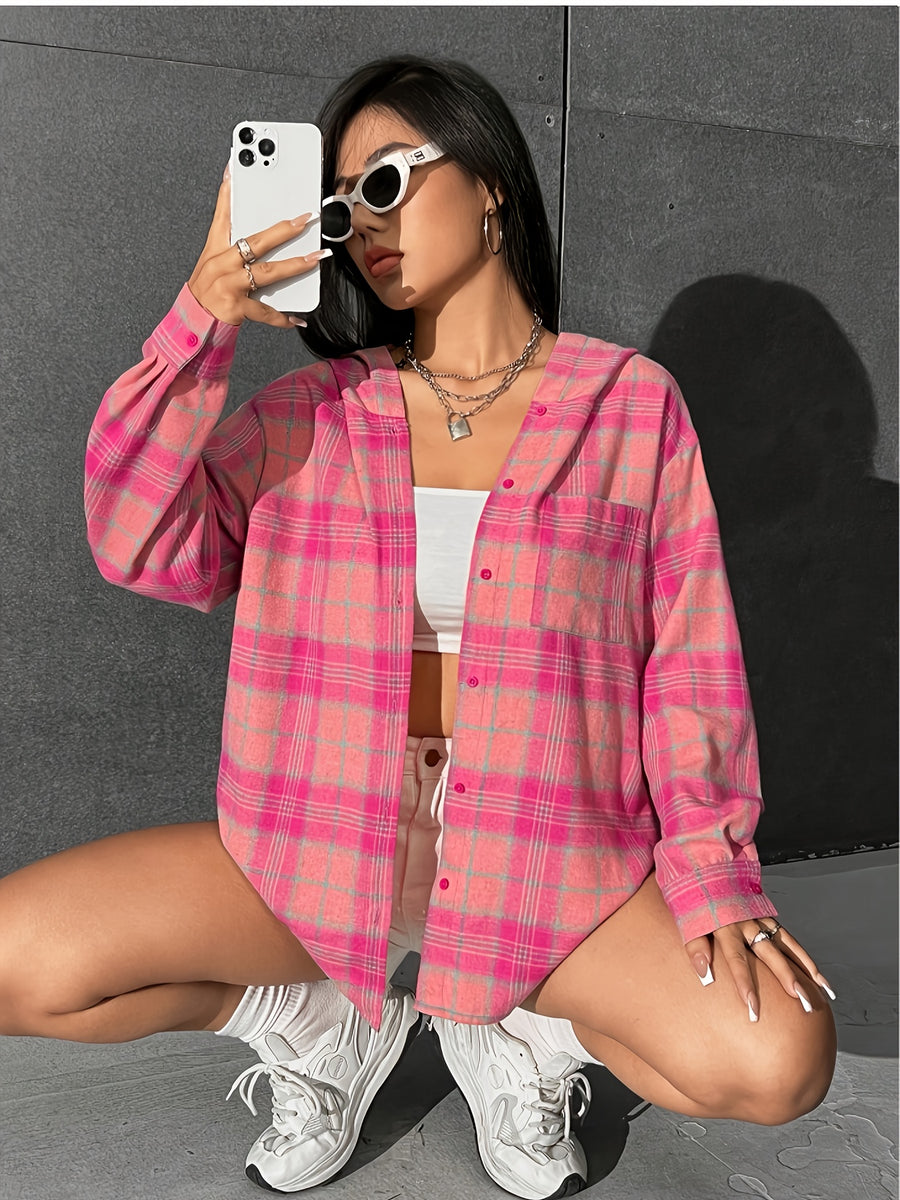 Directional Plaid Print Off-Shoulder Hooded Shirt, Long Sleeve Top - Peach