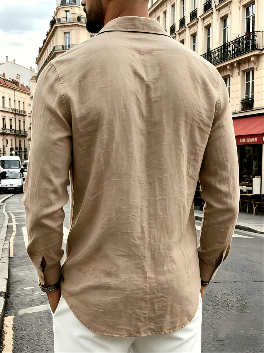 Men'S Linen Blend Long Sleeve Collared Button-Up Shirt, Casual Textured Wrinkle-Resistant Summer Top, Single Pocket Design with Adjustable Cuffs, Loose Fit Lightweight Breathable Beach Linen Shirt, V-Neck Relaxed Casual Shirt, Suitable for Vacation - Khaki