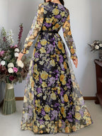 New elegant ladies cross collar lantern long sleeve waist oversized swing floral fashion mesh print romantic holiday maxi dress - Yellow