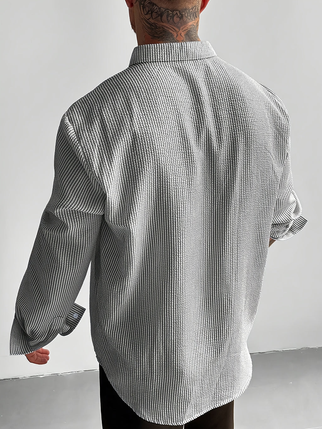 Men's Blue and White Striped Seersucker Shirt, Loose Fit Casual Long Sleeve Men's Shirt, Lightweight and Breathable, Outdoor Beach Vacation Men's Top, Suitable for Vacations, Parties, and Daily Office Wear. Men's Gift. Shirt - Black And White Color