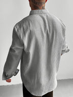 Men's Blue and White Striped Seersucker Shirt, Loose Fit Casual Long Sleeve Men's Shirt, Lightweight and Breathable, Outdoor Beach Vacation Men's Top, Suitable for Vacations, Parties, and Daily Office Wear. Men's Gift. Shirt - Black And White Color