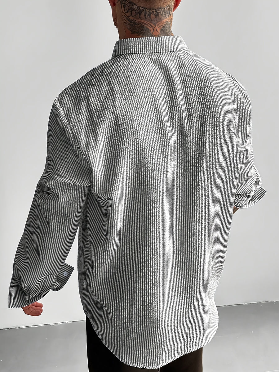Men's Blue and White Striped Seersucker Shirt, Loose Fit Casual Long Sleeve Men's Shirt, Lightweight and Breathable, Outdoor Beach Vacation Men's Top, Suitable for Vacations, Parties, and Daily Office Wear. Men's Gift. Shirt - Black And White Color