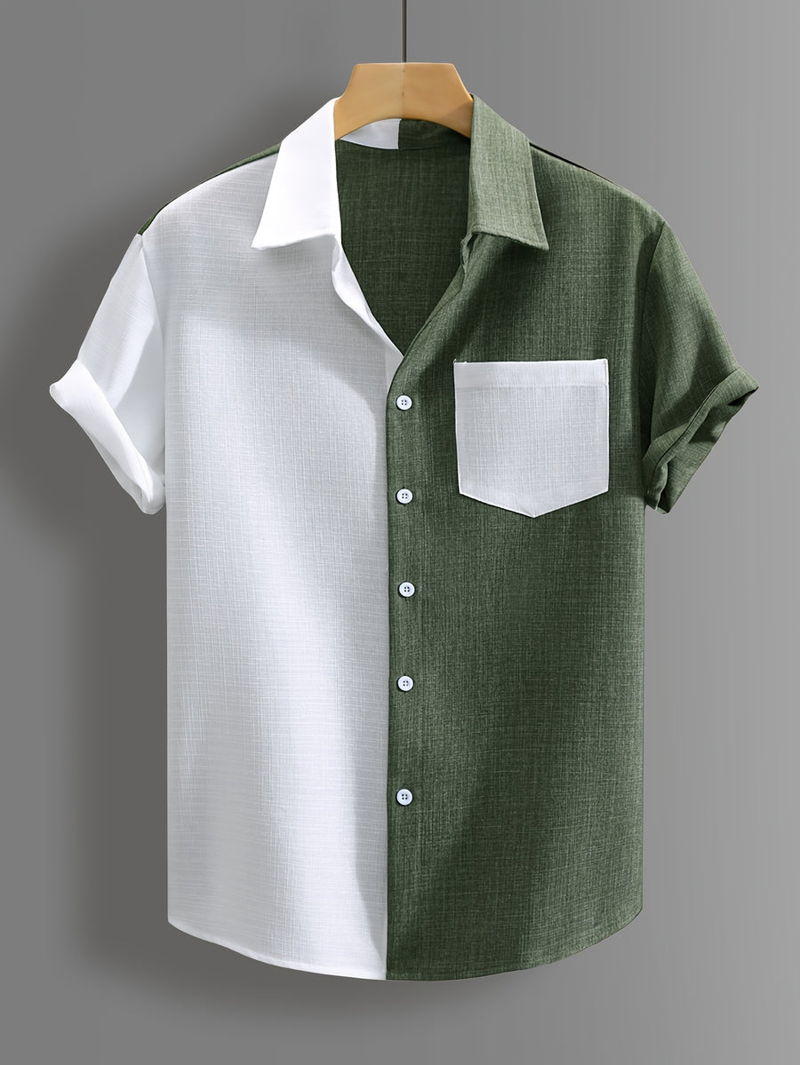 Fashion Contrast Color Men'S Short Sleeve Shirt, Casual Lapel Blouse Open Cardigan, Machine Washable, Hawaiian Beach Travel Party Style Casual Trendy Street Fashion Top, As a Gift - Green
