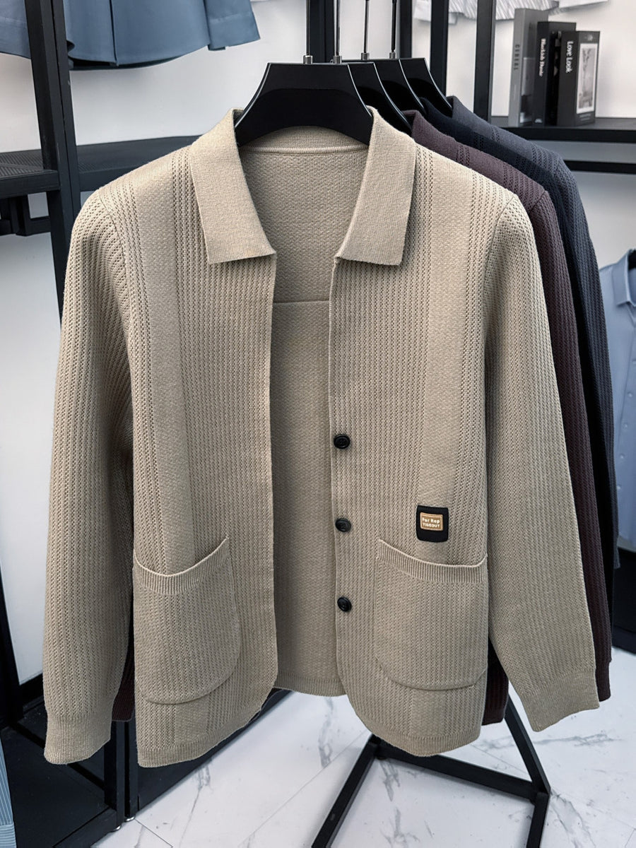 Men's Lapel Knit Cardigan in Multiple Autumn Colors, Vertical Rib-knit Texture, Single-breasted Design, Loose and Versatile, Skin-friendly and Breathable, Suitable for Business Commuting, Daily Outings, Social Gatherings, and Casual Home Wear - Khaki