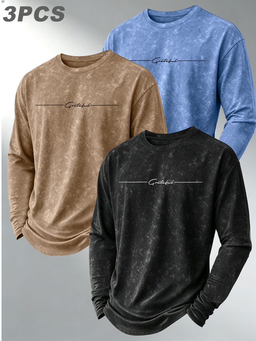 3pcs Set Vintage Distressed Long Sleeve Men'S Washed Soft Skin-Friendly Commuter All-Match Base Long T-Shirt - Black+Khaki+Light Blue