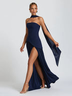 Elegant Sexy Bandeau Slit Ruffled Evening Dress Party Dress - Navy Color