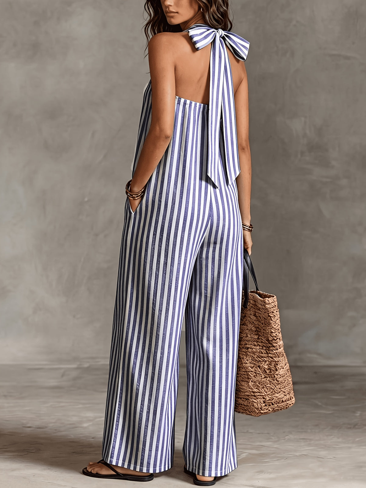 Women'S Casual Sleeveless Loose Striped Jumpsuit for Easter, Labor Day, Birthday, Teacher'S Day, ' Day - Blue