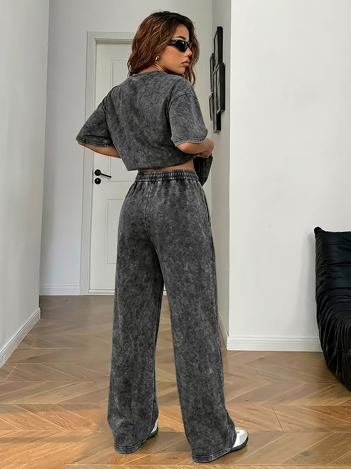 Y2K Retro Street Subculture Women'S Summer Casual Fried Snowflake Short-Sleeved And Pants Set, Can Be Worn at Home Or Outside - Black