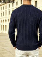 FORLENGKE Men's Stretchable Henley Sweater Button-Front Collar Pullover - Solid Color Cable Knit Sweater Suitable for Work & Gatherings, Winter Warmth, Casual Round Neck Button Detail Knitwear for Young Men, Dry Cleanable - Shangqing