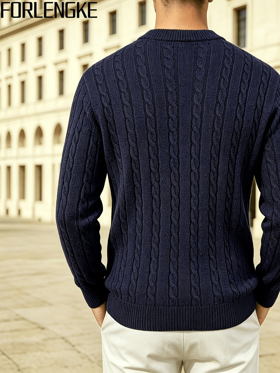 FORLENGKE Men's Stretchable Henley Sweater Button-Front Collar Pullover - Solid Color Cable Knit Sweater Suitable for Work & Gatherings, Winter Warmth, Casual Round Neck Button Detail Knitwear for Young Men, Dry Cleanable - Shangqing