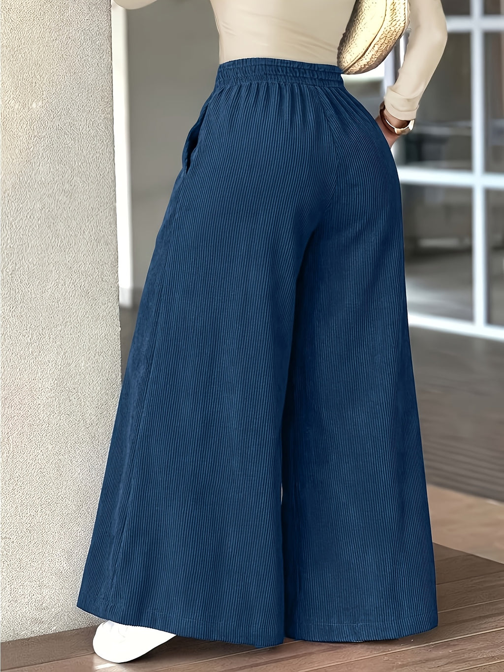 Plus Size, Plus-size Women's Cords Fashion Casual Wide-leg Pants with Pocket Design, Elegant Loose Straight-leg Trousers, High-waisted Draped Wide-leg Pants - Navy Color