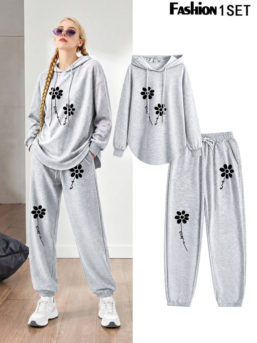 Floral Print Drawstring Hoodie And Sweatpants Set - Women'S Casual Long Sleeve Pullover Tops with Elastic Waist Joggers, Comfortable Activewear Loungewear Outfit - Perfect for Daily Wear, Sports, Travel, Jogging, Yoga, And Gift for Birthday And Holi - Light Grey