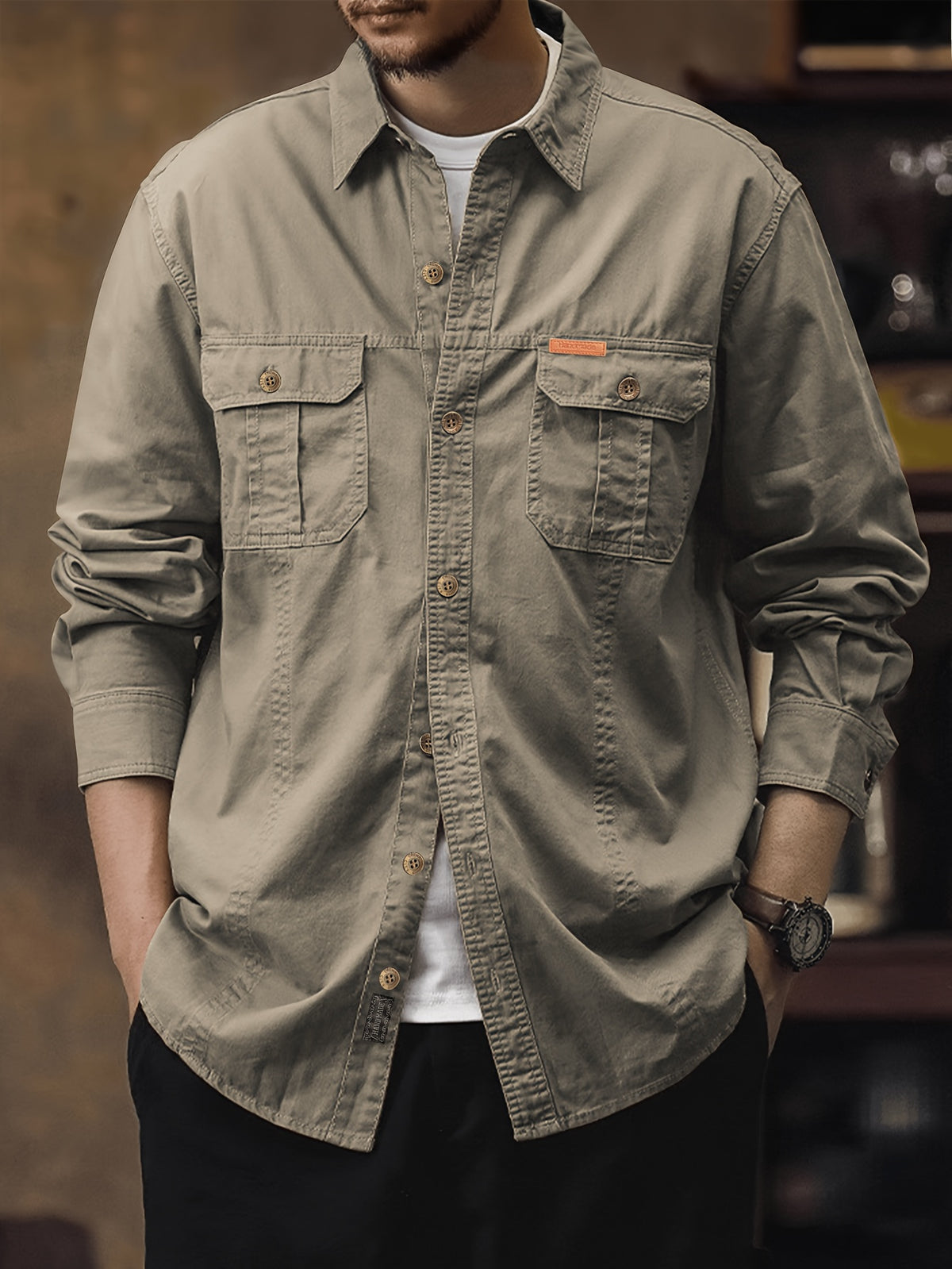 Men's Workwear Long-Sleeve Shirt, American-Style Spring/Autumn Multi-Pocket Casual Lightweight Outdoor Turn- Collar Shirt for Young and Middle-Aged Men - Camel
