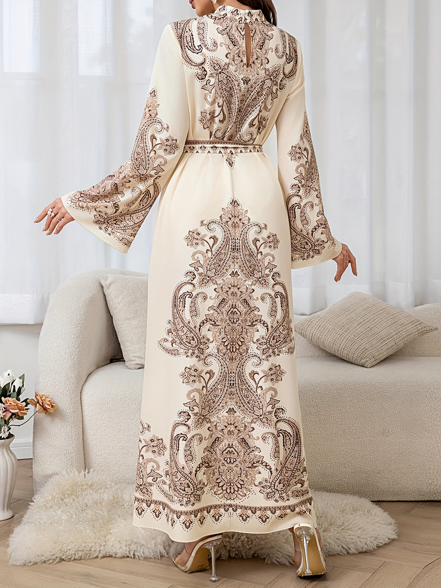Sweet Style Printed Dress for Women with Tie-Up Straps and Bow, Long Dress for Daily Outings, Versatile for Streetwear - Apricot