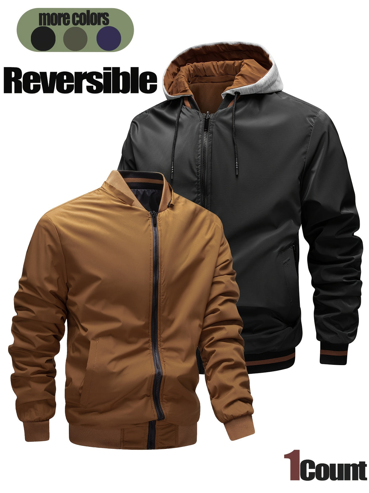 New Men's Warm Thick Reversible Hooded Outdoor Jacket with Zipper Pockets Detachable Hood And Ribbed Cuffs Versatile Casual Coat for Daily Commute Wild Adventure Skiing Hiking Trekking Daily Outdoor Daily Matching Outfits - Black