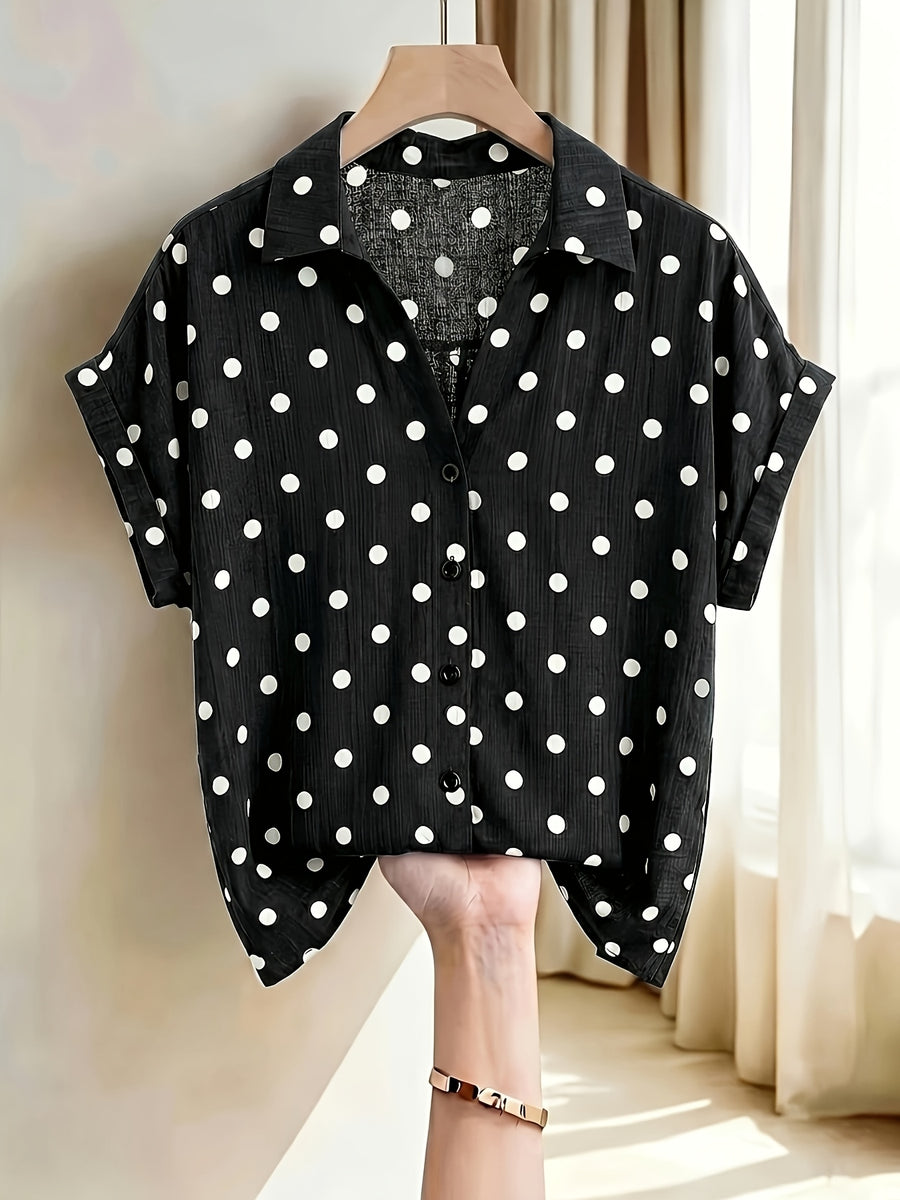 Women'S Elegant Easy Design V-Neck Puff Sleeve Lapel Short Sleeve Summer Shirt - Black