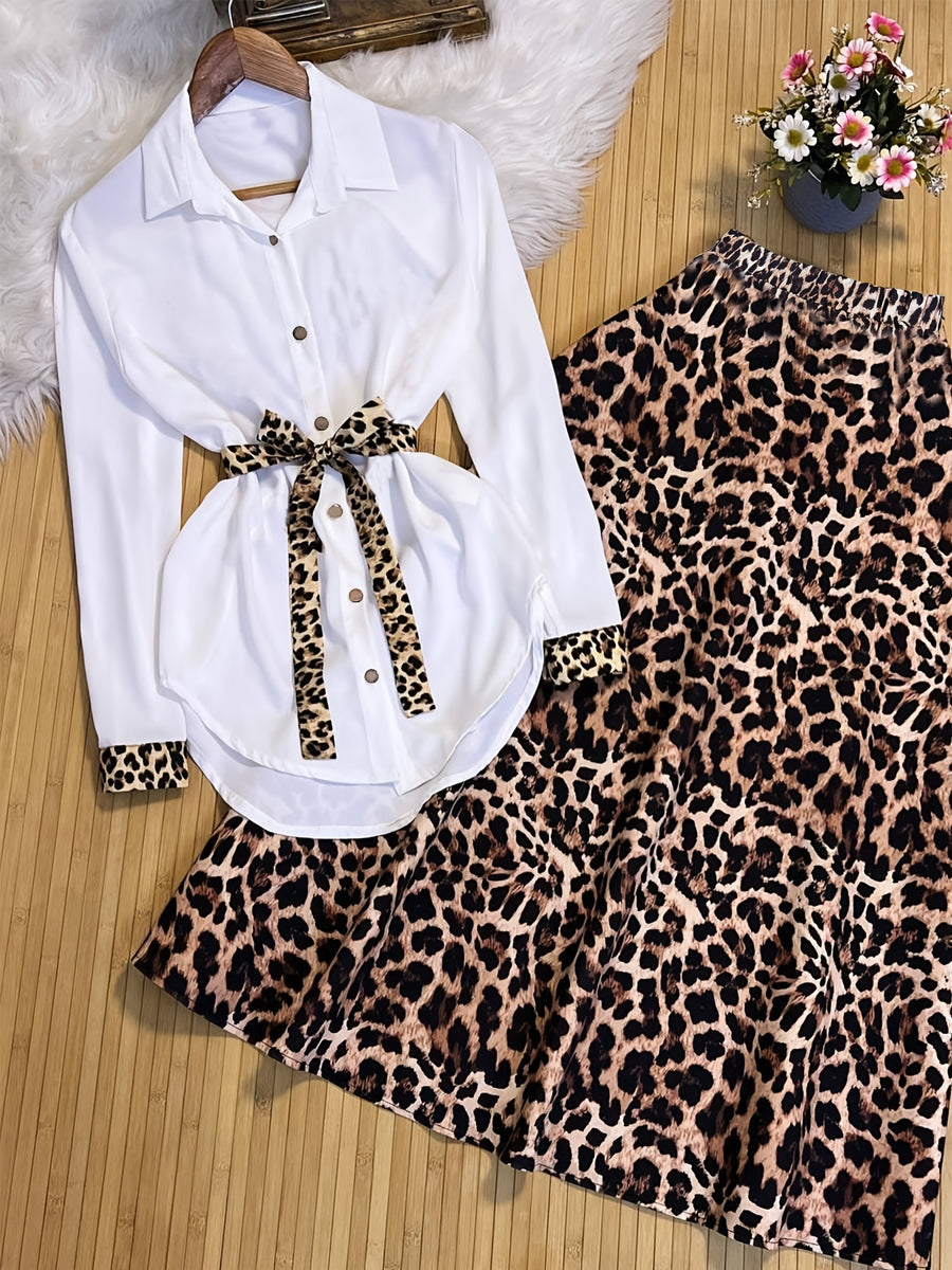 Ladies' Elegant Set, Featuring a Blouse Top and Leopard Print Skirt, Exuding Elegance and Sophistication - Mixed colors