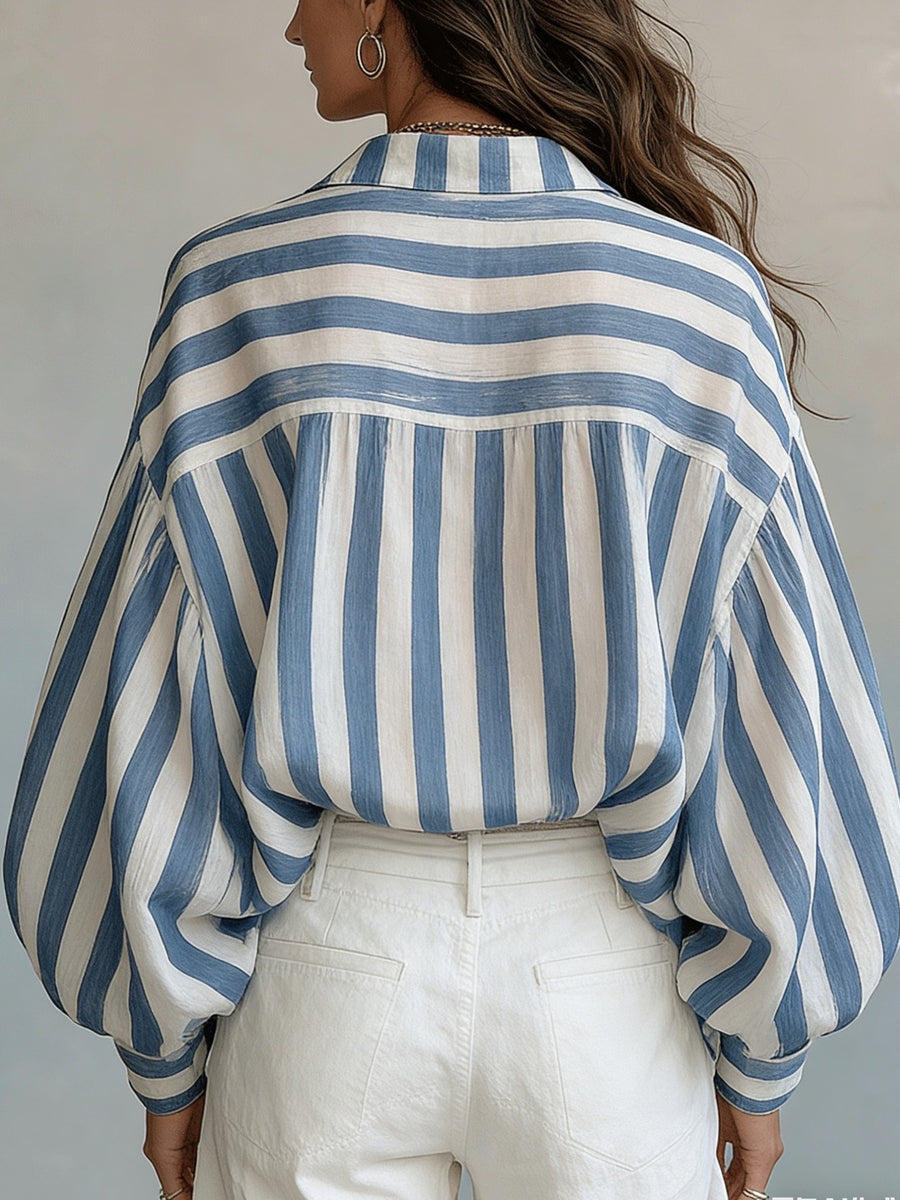 Spring Summer New Style Retro Striped Long Sleeve Women'S Shirt, Loose Vacation Style Beach Top, Casual Commute - Blue Strips