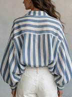Spring Summer New Style Retro Striped Long Sleeve Women'S Shirt, Loose Vacation Style Beach Top, Casual Commute - Blue Strips