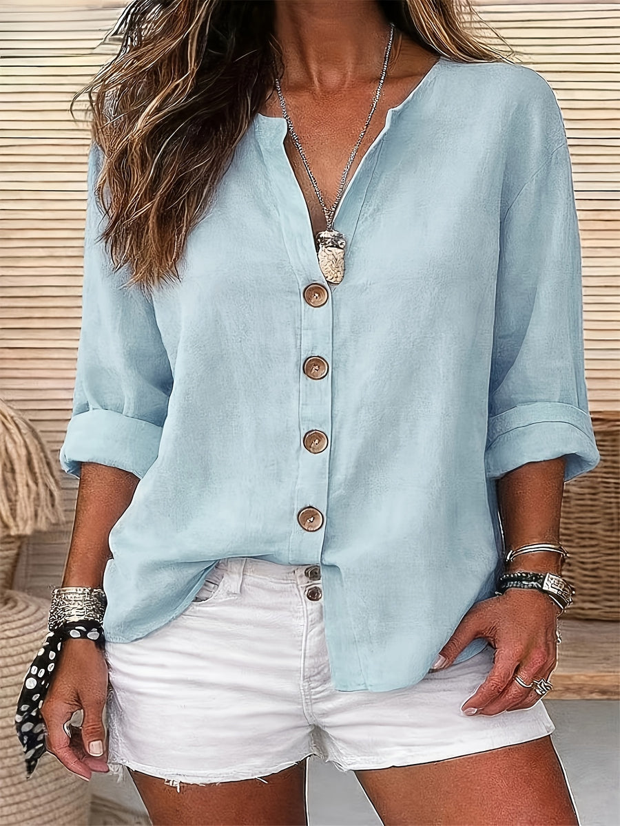 Solid Color Shirt, Round Neck Button-Up, Loose Fit, Casual Wear, Spring Summer Women'S Shirt - Light Blue