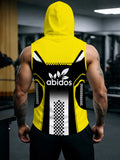 Men'S Sports Hooded Sleeveless Top, Yellow And Black Color Block Design with Letter Print, Breathable Sweat-Absorbent for Fitness Training, Fashionable Casual Outerwear - Mixed colors