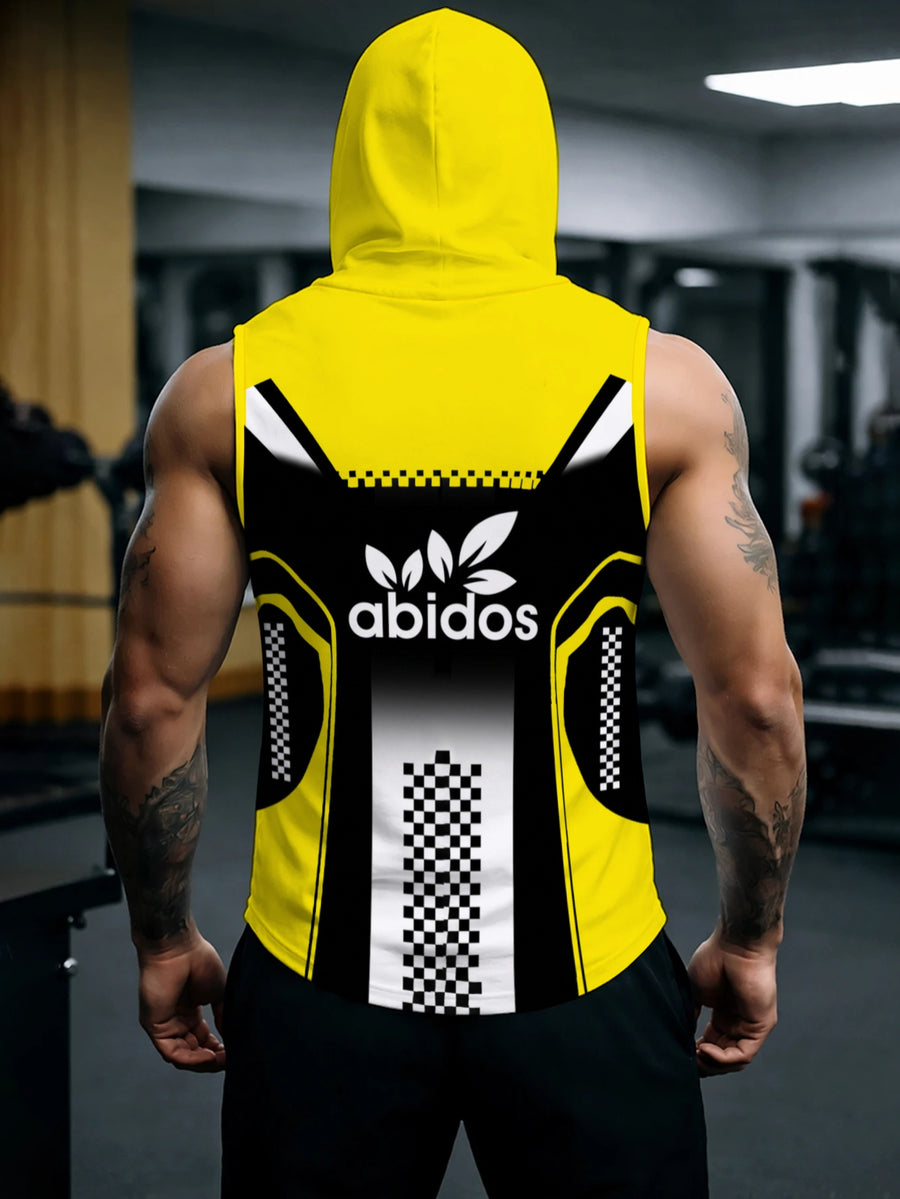 Men'S Sports Hooded Sleeveless Top, Yellow And Black Color Block Design with Letter Print, Breathable Sweat-Absorbent for Fitness Training, Fashionable Casual Outerwear - Mixed colors