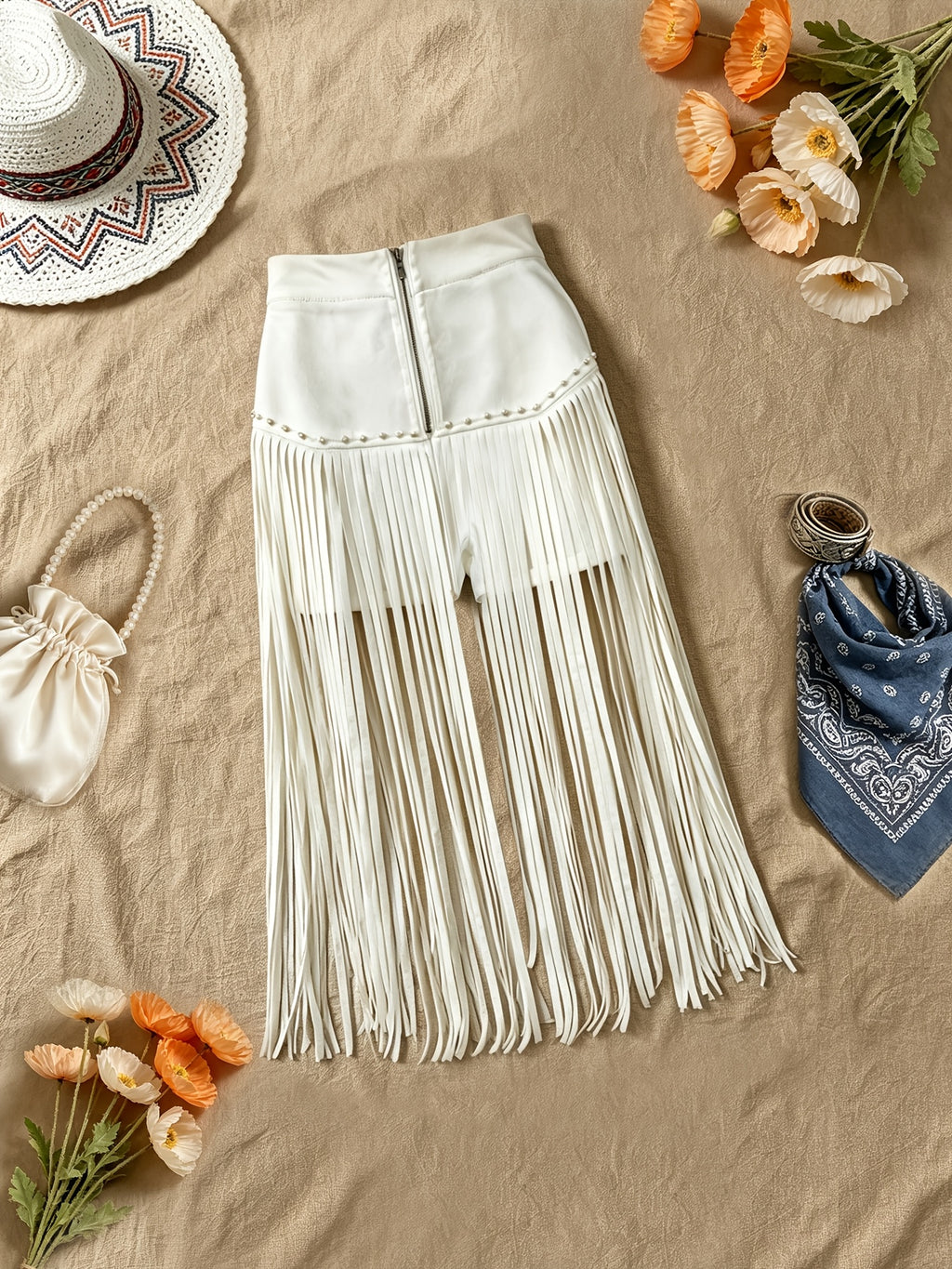 Tassel Shorts with a Western Style, Zipped, Solid Color Shorts - White