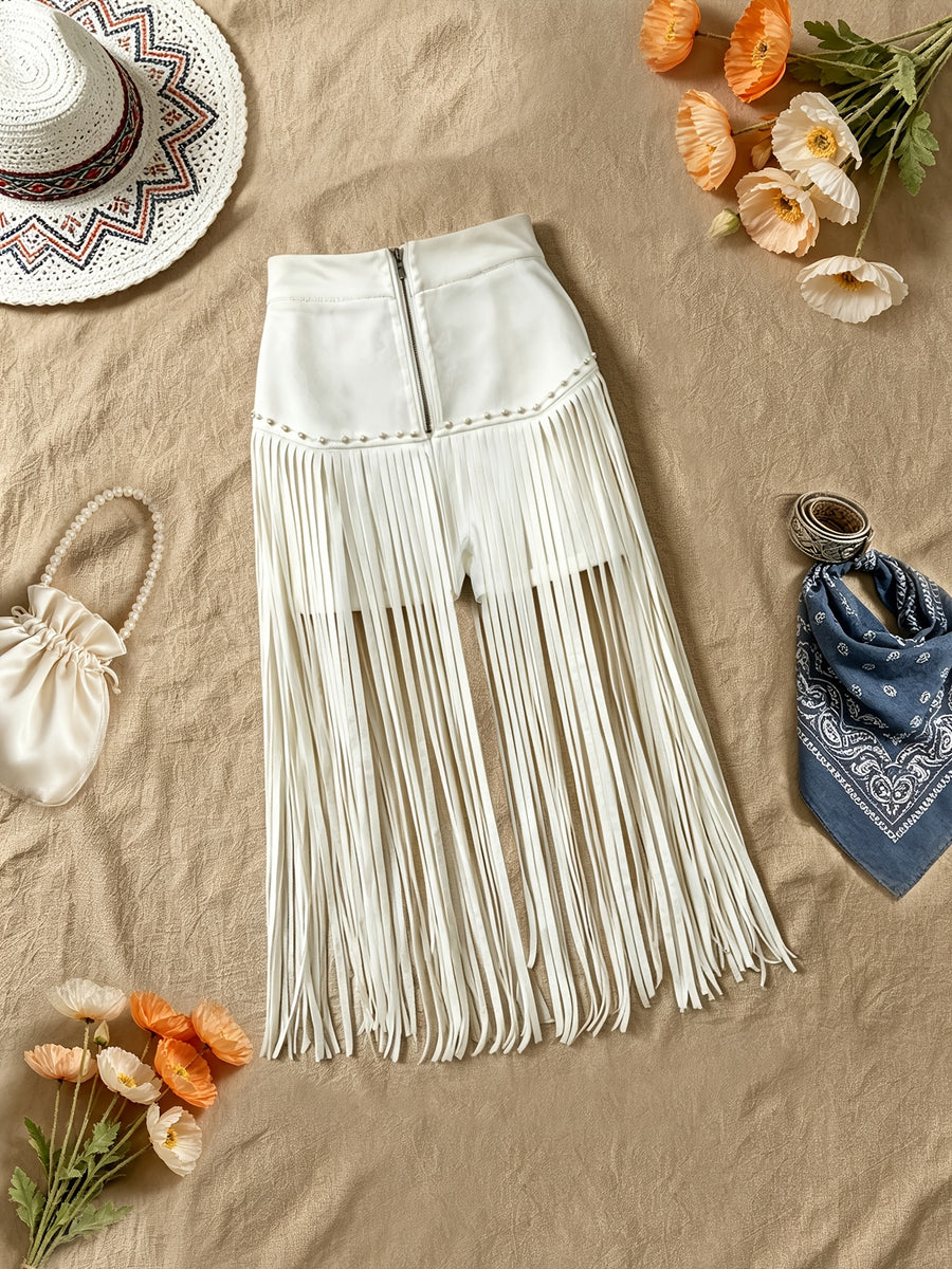 Tassel Shorts with a Western Style, Zipped, Solid Color Shorts - White
