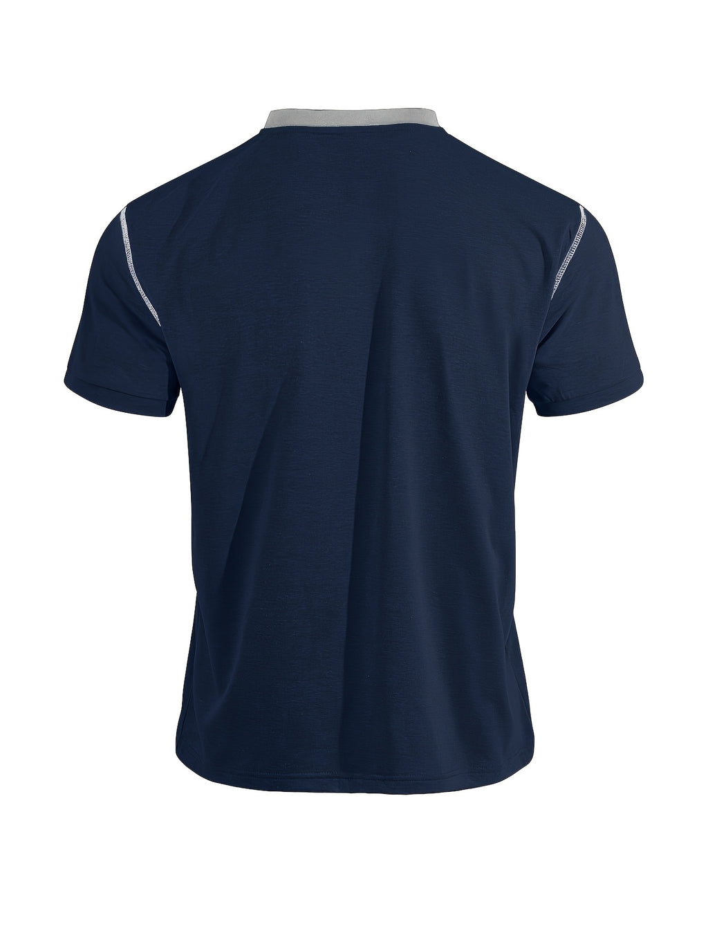 Men'S Spring Summer New Light Luxury Color-Block Henley Collar Short Sleeve T-Shirt, Half-Button 3-Button American Retro Top, High-Stretch Soft And Skin-Friendly Fabric, Breathable And Comfortable - Navy Color