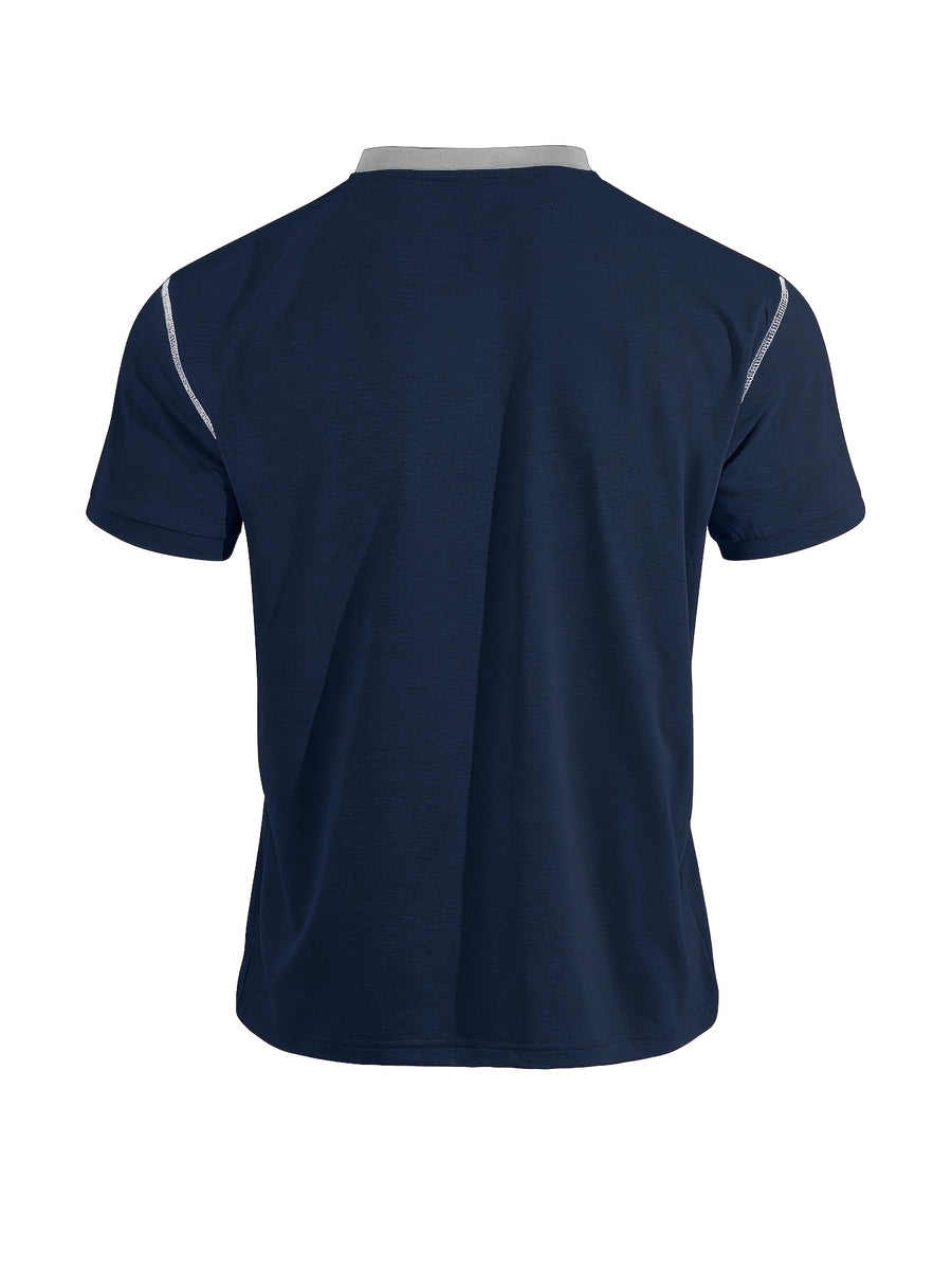 Men'S Spring Summer New Light Luxury Color-Block Henley Collar Short Sleeve T-Shirt, Half-Button 3-Button American Retro Top, High-Stretch Soft And Skin-Friendly Fabric, Breathable And Comfortable - Navy Color