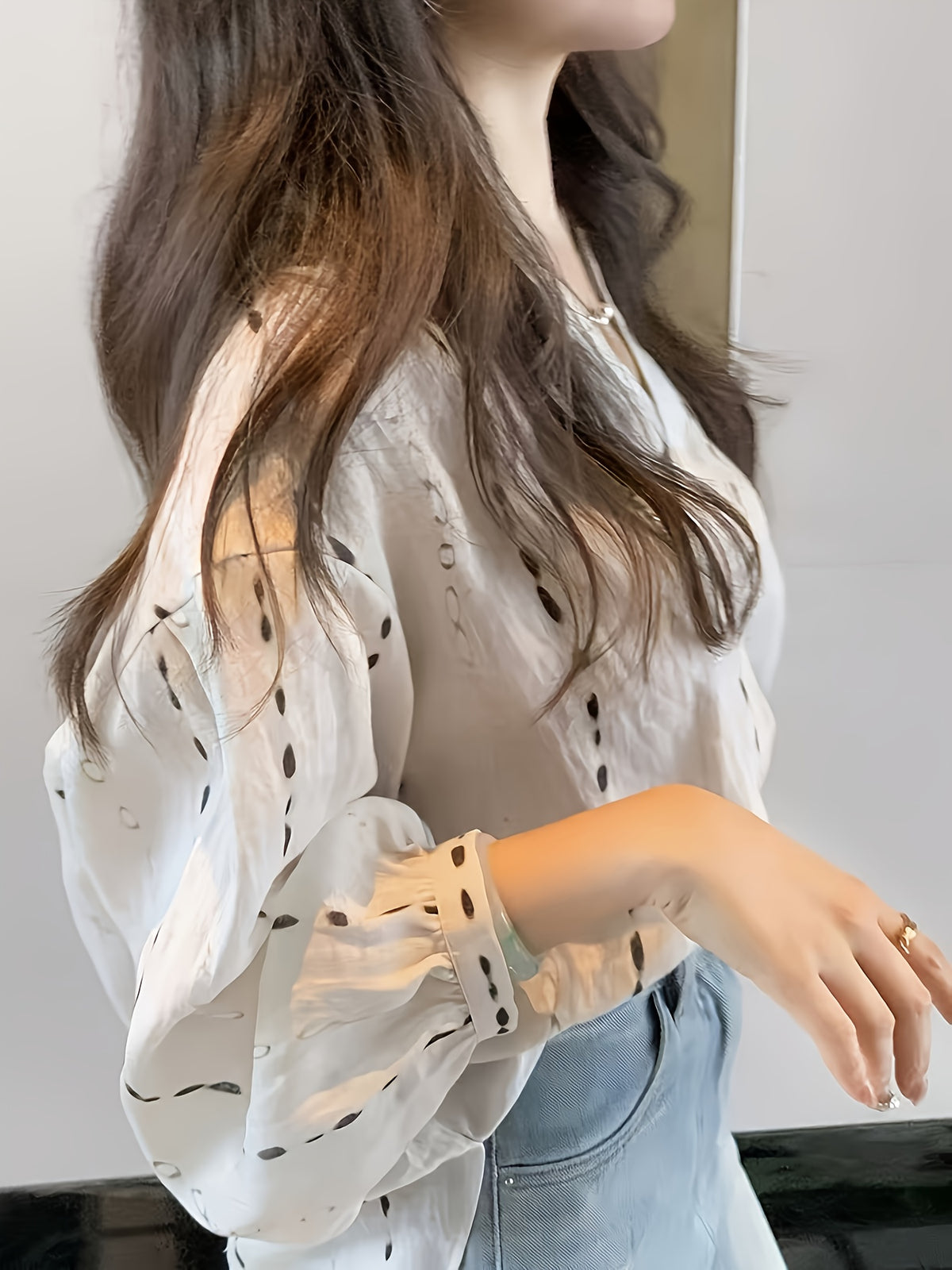 French-Style New Waterdrop Print Shirt for Women, Niche High-End Temperament Loose Long-Sleeve Blouse Top - Apricot