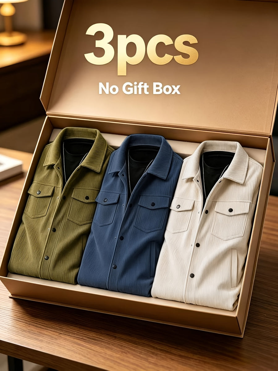 Men'S Spring Autumn Solid Color Long Sleeve Functional Warm Jacket, Corduroy Solid Color Jacket, Lapel Button-Up Design, Fabric Upgrade, Multi-Functional Chest Pockets, Suitable for Casual Daily Wear And Home Wear, Gift Set (3pcs) - Khaki + Blue + Apricot