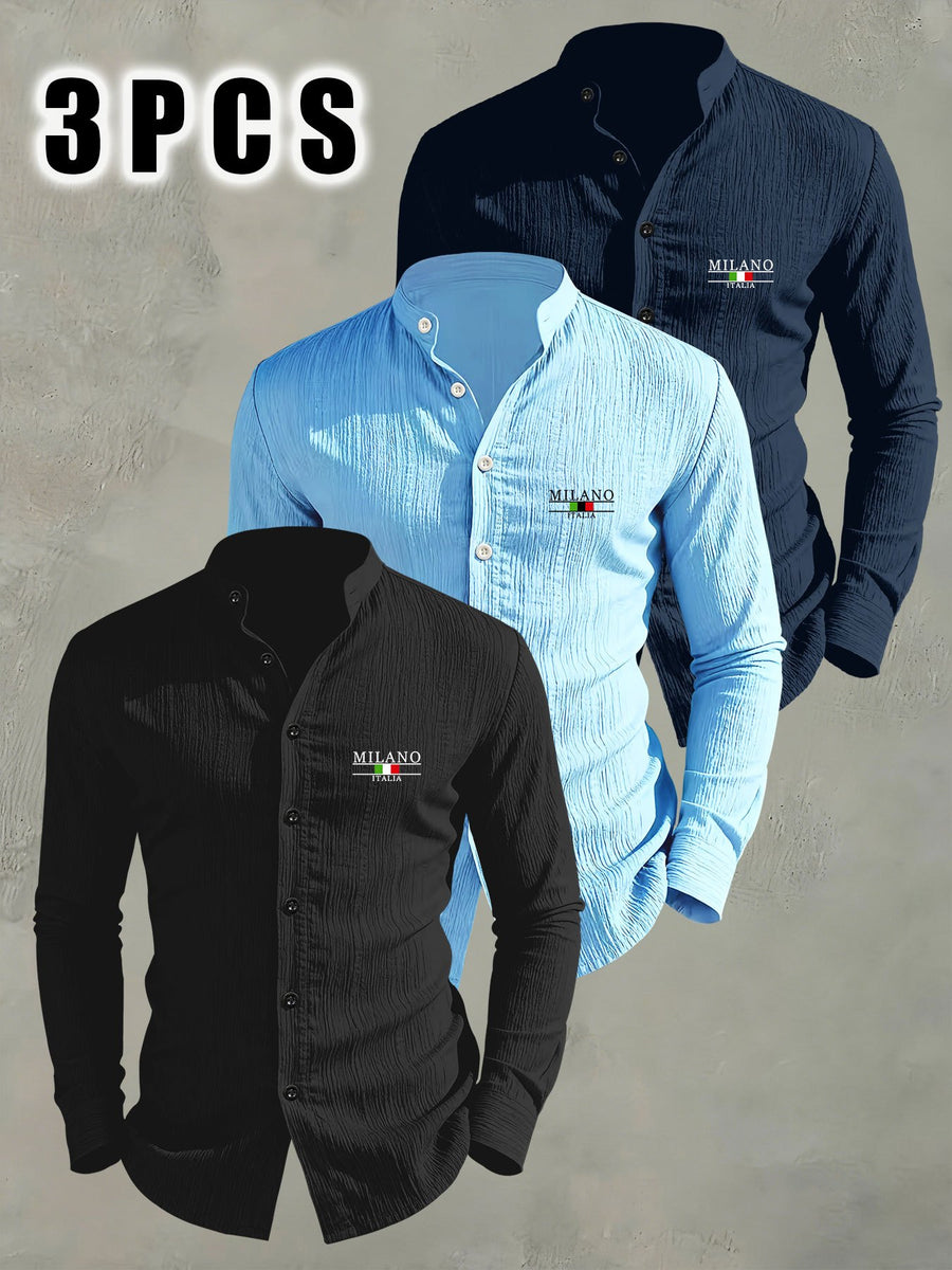 3pcs Men'S Lightweight Breathable Long Sleeve Shirts, Trendy "MILANO" Letter Flag Pattern Print - Fashionable Versatile Stand-Up Collar Comfortable Open Cardigan, Suitable for All Seasons, Beach, Outdoor, Travel Vacation, Party Daily Casual Wear - Black+Sky Blue+Navy