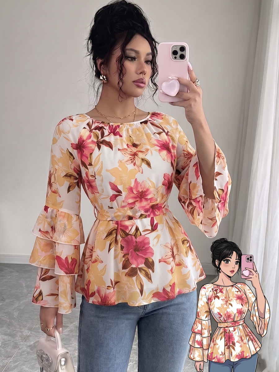 Women'S Summer Elegant Top, Chiffon Floral Print Layered Ruffle Sleeve, Waist Tie Festival Outfit, Holiday Vacation Wear Shirt - Flower Pink