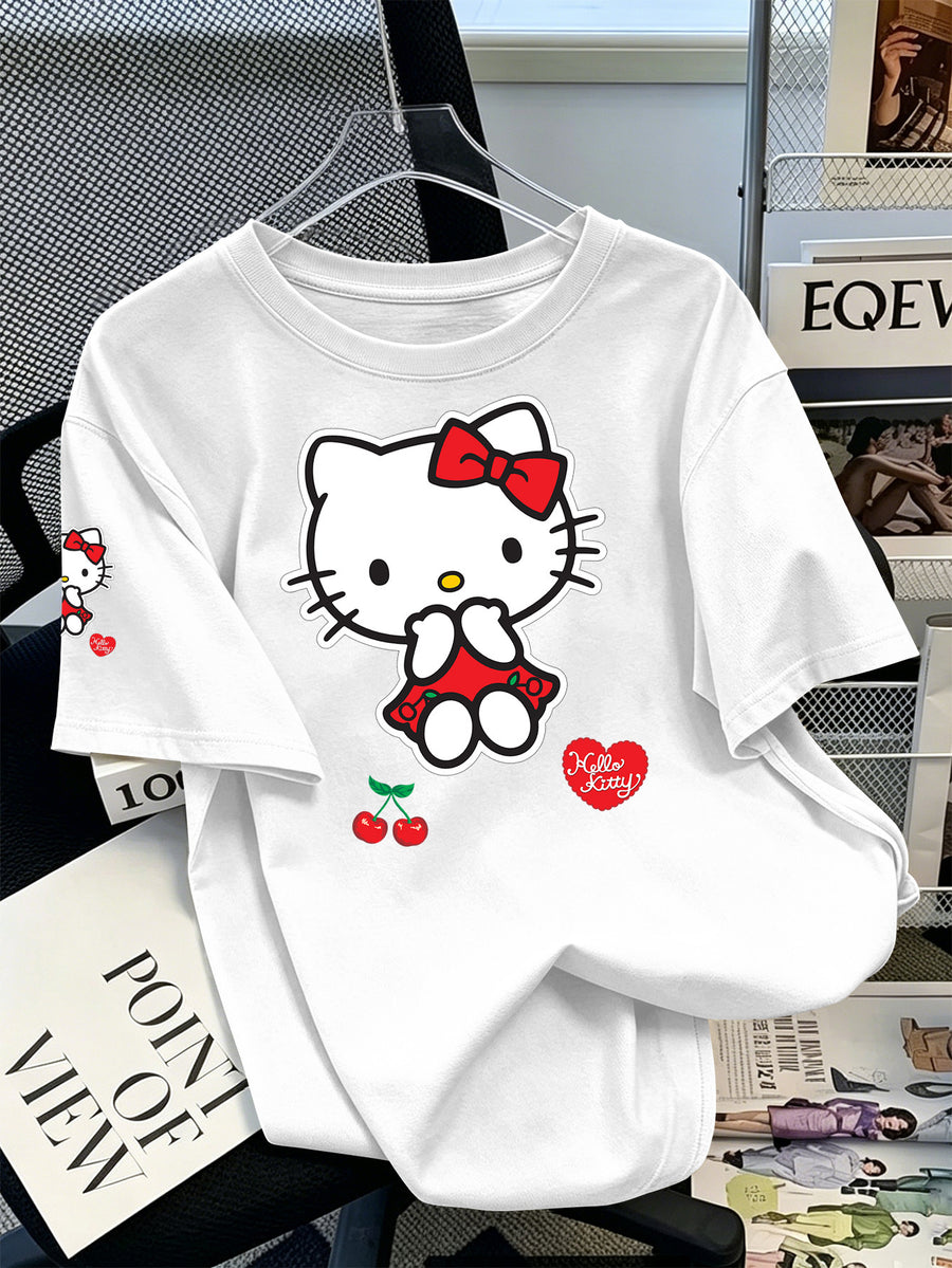 Sanrio Authorized Hello Kitty Print Women'S T-Shirt, Double Cherry Sweet Style for Spring And Summer, Machine Washable Without Deformation, Showcasing Refreshing Temperament - White
