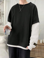 American-style Trendy Basic Simple and Versatile Unisex Raglan Sleeve Design, Suitable for Autumn and Winter, Casual Loose Fit, Color-blocked Crew Neck 2-in-1 Look Men's Long-sleeve Base Layer Shirt - Black