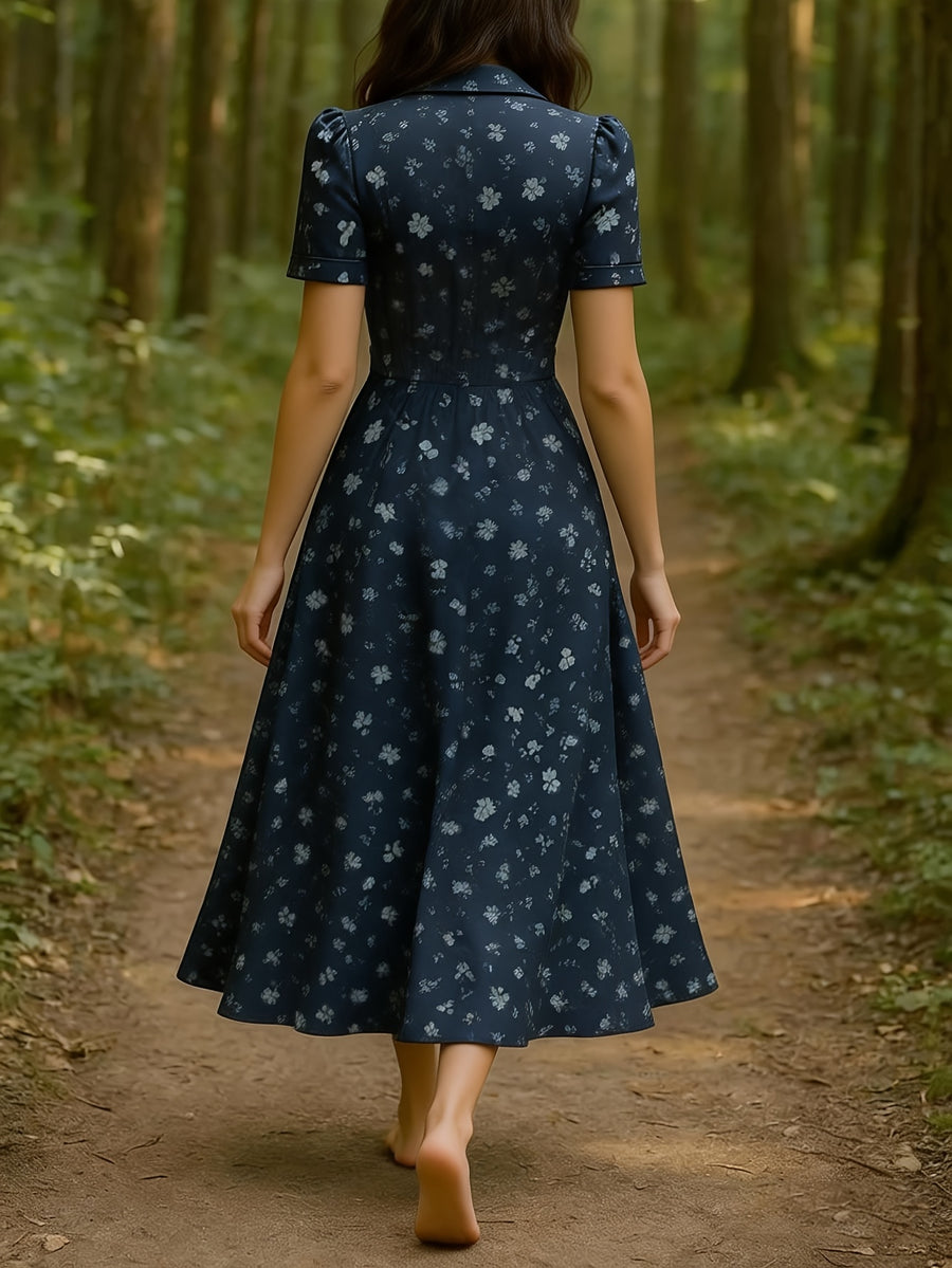 Talan Women's Dress: Spring/Summer Mid-Length Waist-Cinching Floral Print Lapel Dress with Elegant and Sophisticated Appeal - Navy Color