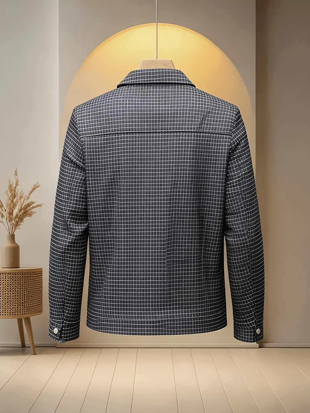 Men'S Plaid Lapel Button-Front Jacket, 100% Polyester Breathable Anti-Scratch Quick-Dry Wrinkle-Resistant Office Daily Casual Outerwear - Navy Color