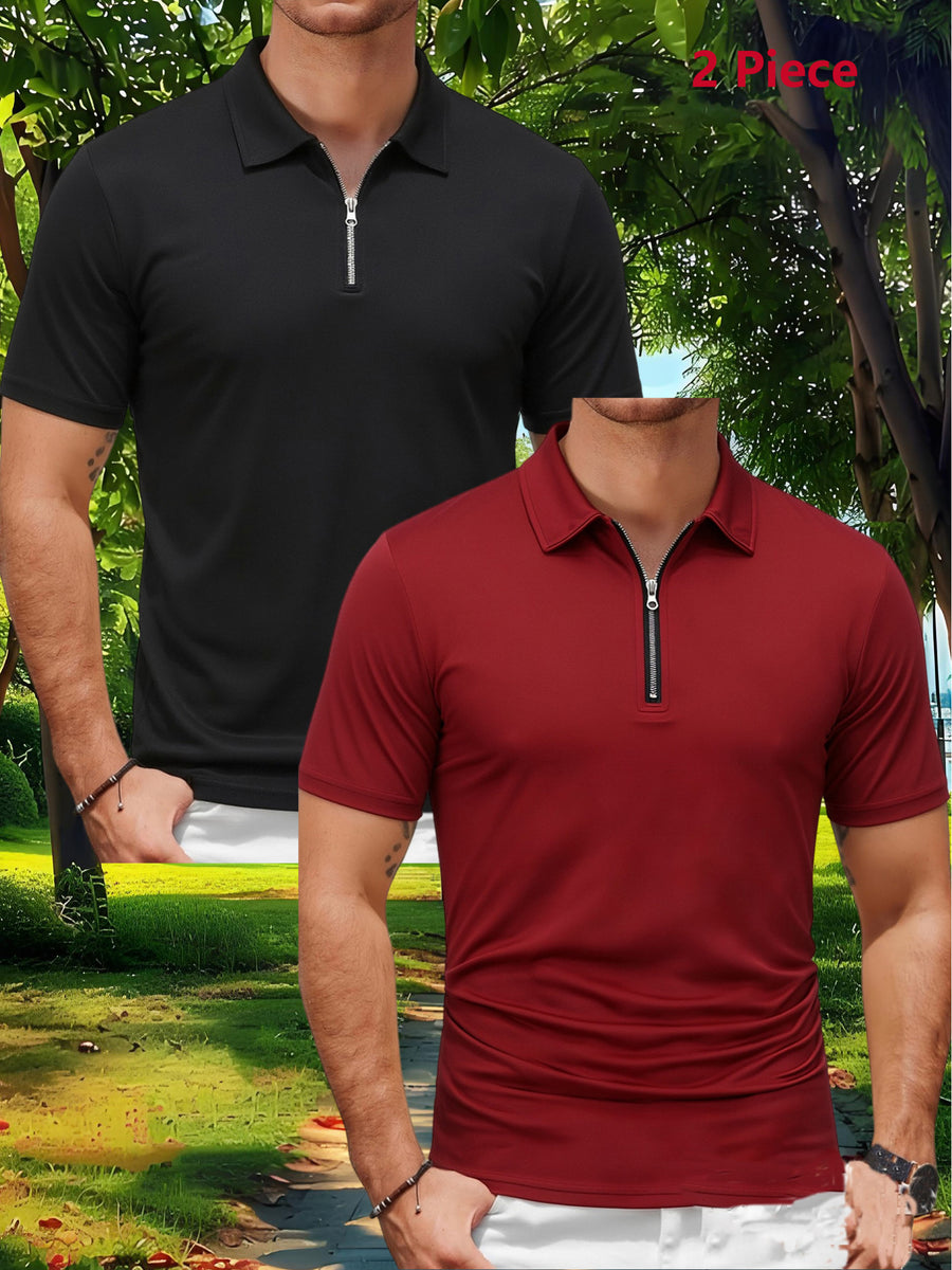 2pcs Men'S Sports Outdoor Casual Lapel Solid Color Breathable Zipper POLO Shirt - Black+red