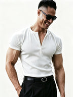Italian-inspired Light Luxury Men's Textured Henley Collar Ribbed Short-sleeve T-shirt. Three-dimensional Tailoring Reshapes the Inverted Triangle Silhouette. Features Skin-friendly, Highly Elastic, and Breathable Fabric. Suitable for Multiple - White