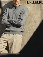 FORLENGKE Fall and Winter Men's Henry Collar Button Knit Sweater, Vintage Style Pullover, Casual and Commuter-Friendly, Simple and Versatile Top for Young and Middle-Aged Men, Comfortable and Skin-Friendly Knit for Layering or Wearing Alone - Grey