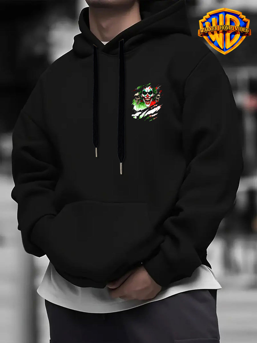 [Officially Licensed by Warner Bros] 1pc, Street Ripped Texture Dark Skull Clown Portrait Casual Hoodie - Men'S Fashion Sweatshirt, Adjustable Drawstring Loose Comfortable Hoodie, Suitable for Daily And Outdoor Wear - Black