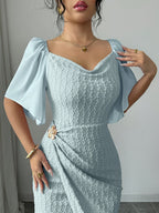 Elegant French-Style Gentle Fit Bodycon Dress with Metal Buckle Accent Pleats, Figure-Flattering Temperament Long Dress for Daily Commute, Dates, and Dinner Parties, Women's Clothing - Light Blue