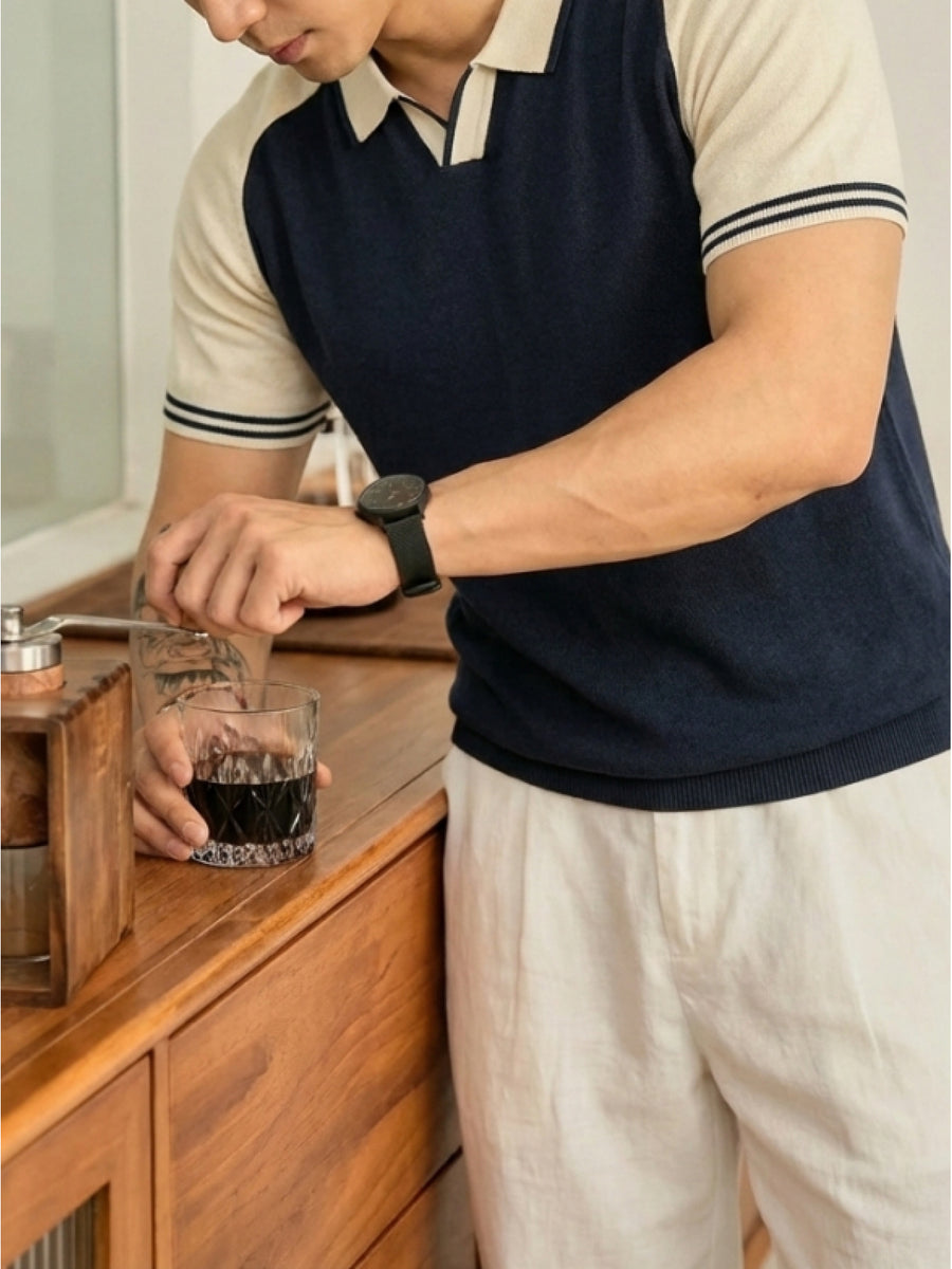 Men's Color-Block Summer Breathable Saddle Shoulder Knit Shirt, Short Sleeve Lapel V-Neck Casual Light Business Knit Top - Navy Color